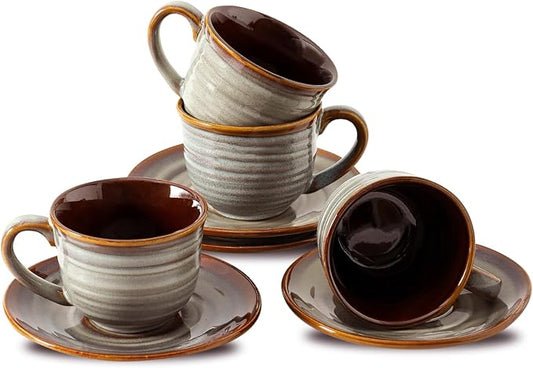 Hasense Ceramic Tea Cups and Saucers, 8oz Cappuccino Cups Set of 4, Espresso Coffee Mugs for Home and Office, Perfect for Coffee, Cappuccino, Latte, Americano, Milk and Tea - Grey Brown