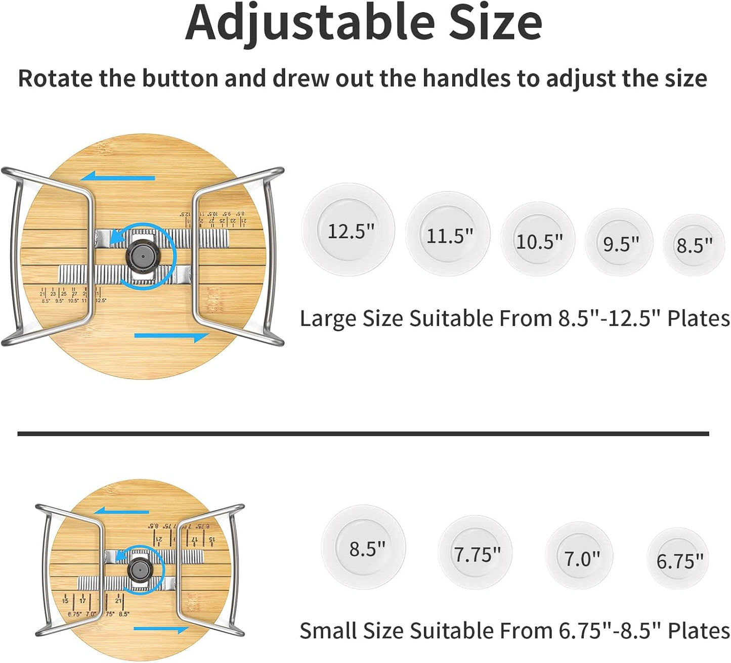 Wisuce Dish Racks for Kitchen Countertop Organizer - Bamboo Plate Holder Adjustable Size | Stainless Steel 304 Portable Handle for Kitchen Drawer Countertop Cupboard Shelf