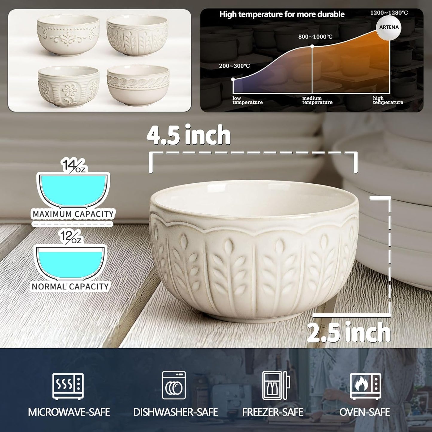 Artena Small Bowls Set of 4, 12 oz Ceramic Embossment Dessert Bowls, white Bowl for Kitchen, Ice Cream, Side Dishes, Rice, Cereal, Fruit, 4.5 Inch, Microwave & Dishwasher Safe, Wheat Leaf