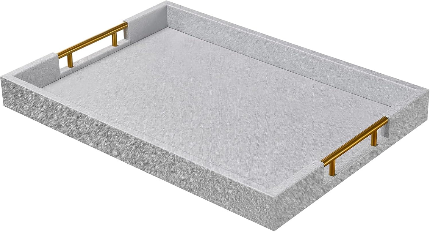 14x20 Inches Silver Faux Leather Wrapped Wood Serving Tray with Metal Handles for Various Occasions, Ottoman, Home Decor Decorative, Living Room, Coffee Table Organizer, Serving Breakfast On Bed