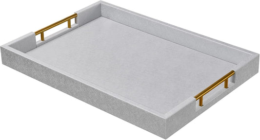 14x20 Inches Silver Faux Leather Wrapped Wood Serving Tray with Metal Handles for Various Occasions, Ottoman, Home Decor Decorative, Living Room, Coffee Table Organizer, Serving Breakfast On Bed