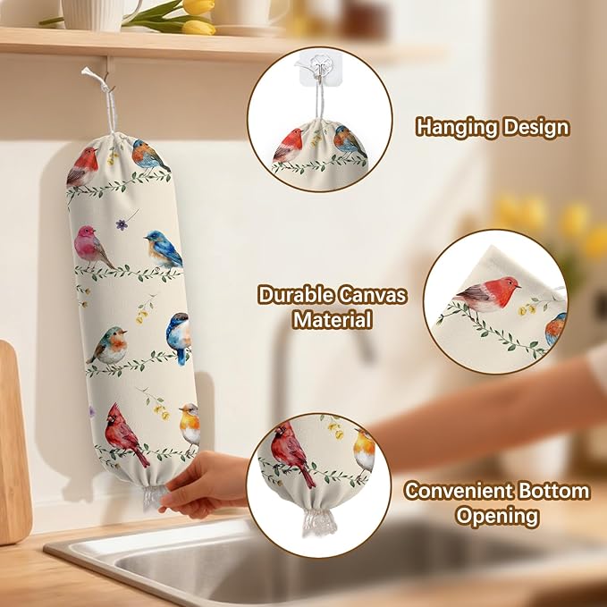 Bird Plastic Bag Holder, Wall Mount Organizer Reusable Hanging Canvas Grocery Bags, Bird Hanging Plastic Bag Dispenser for Kitchen Home Pantry Decor, Birds Shopping Bags Storage Dispenser