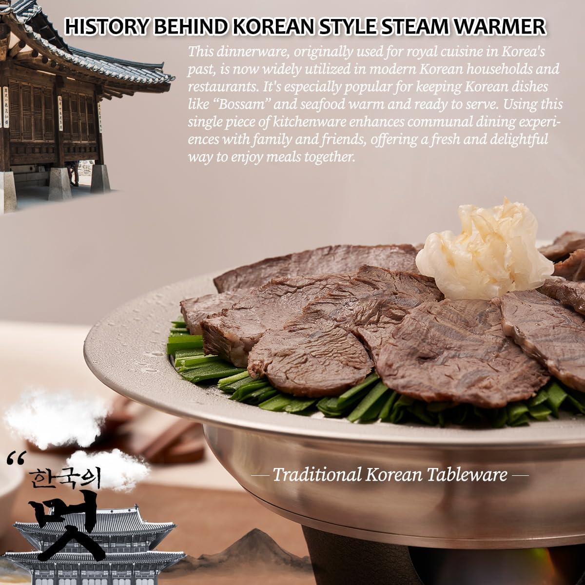 Stainless Steel Steam Food Warmer Pan with Perforated Tray, Food Steamer, Multipurpose Cooking Pan for Steaming, Boiling, and Warming Food, Korean Style Communal Food Dishes (Silver, 20.6cm / 8.12inch)