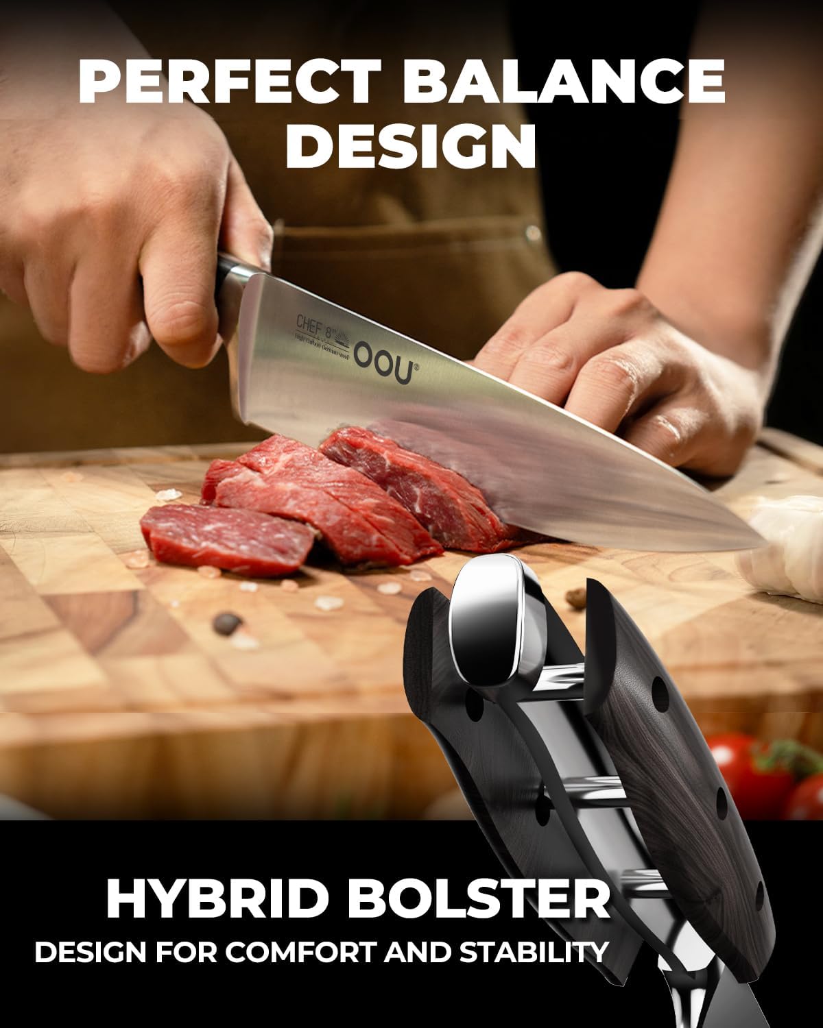 OOU 2025 Kitchen Knife Set with Block, 15-Piece German Stainless Steel Knife Blcok Set with Sharpening Rod, Ergonomic Wood Handle,Premium Razor-Sharp Knives Set for Kitchen