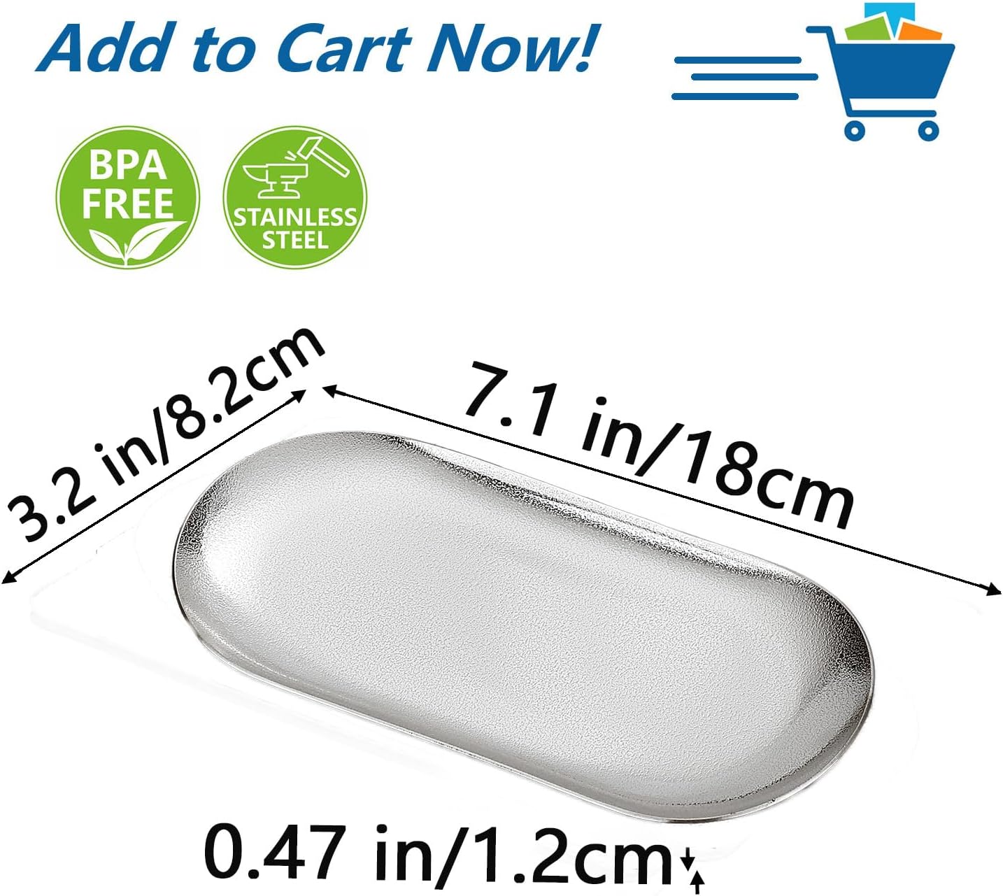 7X3 inch ellipse Appetizer Plates,thick stainless steel Dinner Plates, Pasta Dessert Plates for Sushi, Fruit oven/Dishwasher Safe, Set of 4,silver