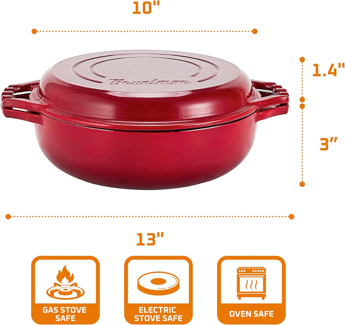 Bruntmor 2-in-1 Pre-Seasoned Cast Iron Pan |Cocotte Double Braiser Pan with Grill Lid 3.3 Quarts - Barbecue Grill Non Stick Frying Pan - Nonstick Cookware Set with Wide Handle (Red)