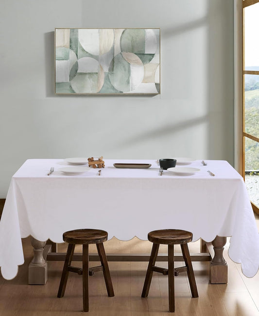 100% Pure Linen Scalloped Embroidery Rectangle Tablecloths 120Lx60W Inch for Dinners, Spring, Machine Machine Washable, 10-12 Sets, White(Edges-Gold)