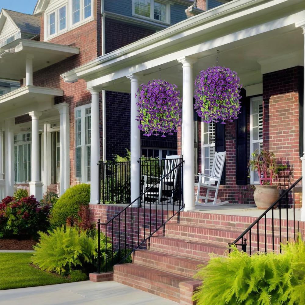 Jasion 4 Bundles Artificial Hanging Flowers Outdoor Realistic Morning Glory Silk Fake Plants UV Resistant for Porch Balcony Fence Decor (Purple)