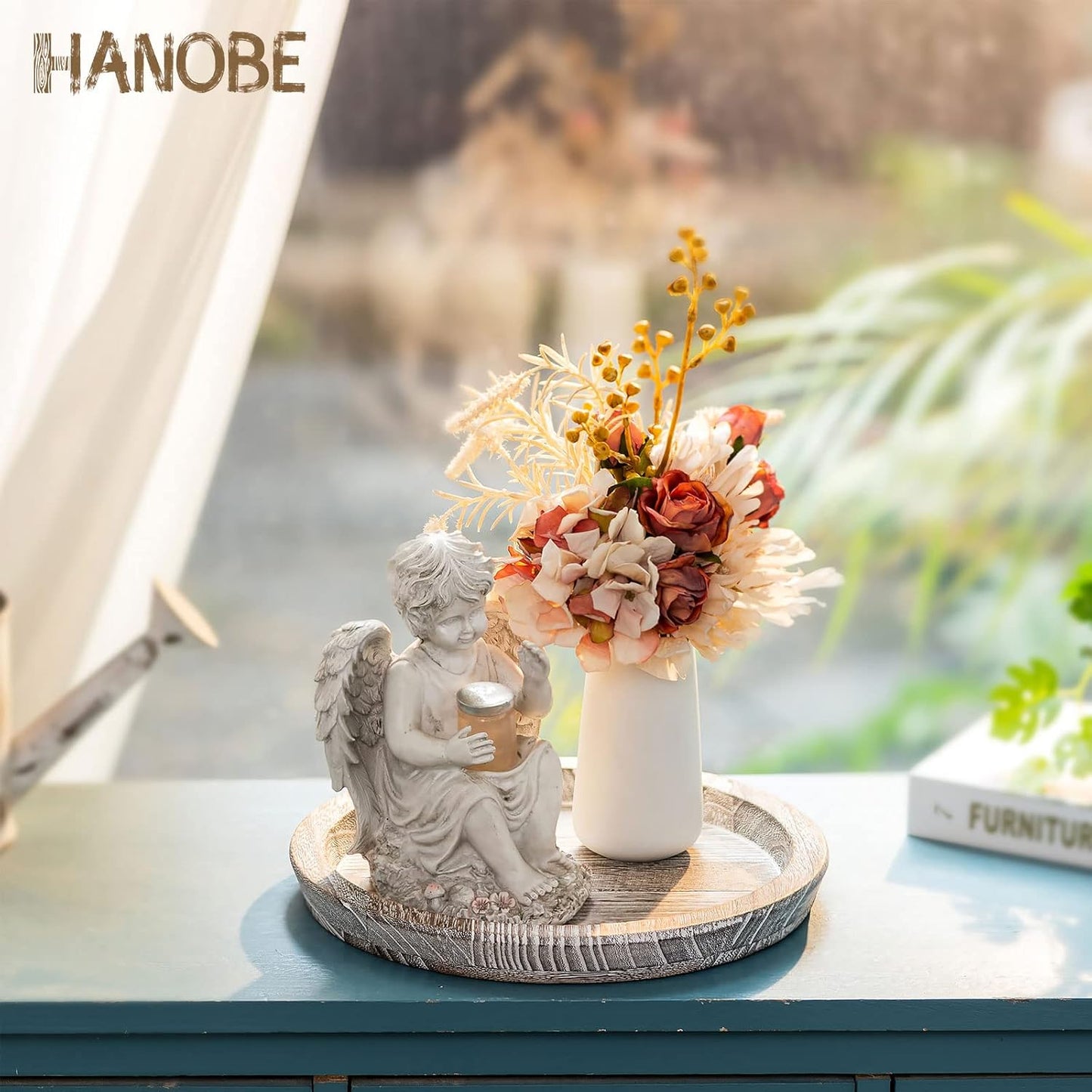 Hanobe Rustic Wooden Serving Tray Set of 2 Round Wood Butler Decorative Tray Whitewash Centerpiece Candle Holder Trays Farmhouse Ottoman Tray for Decor Kitchen Counter Home Decor for Coffee Table