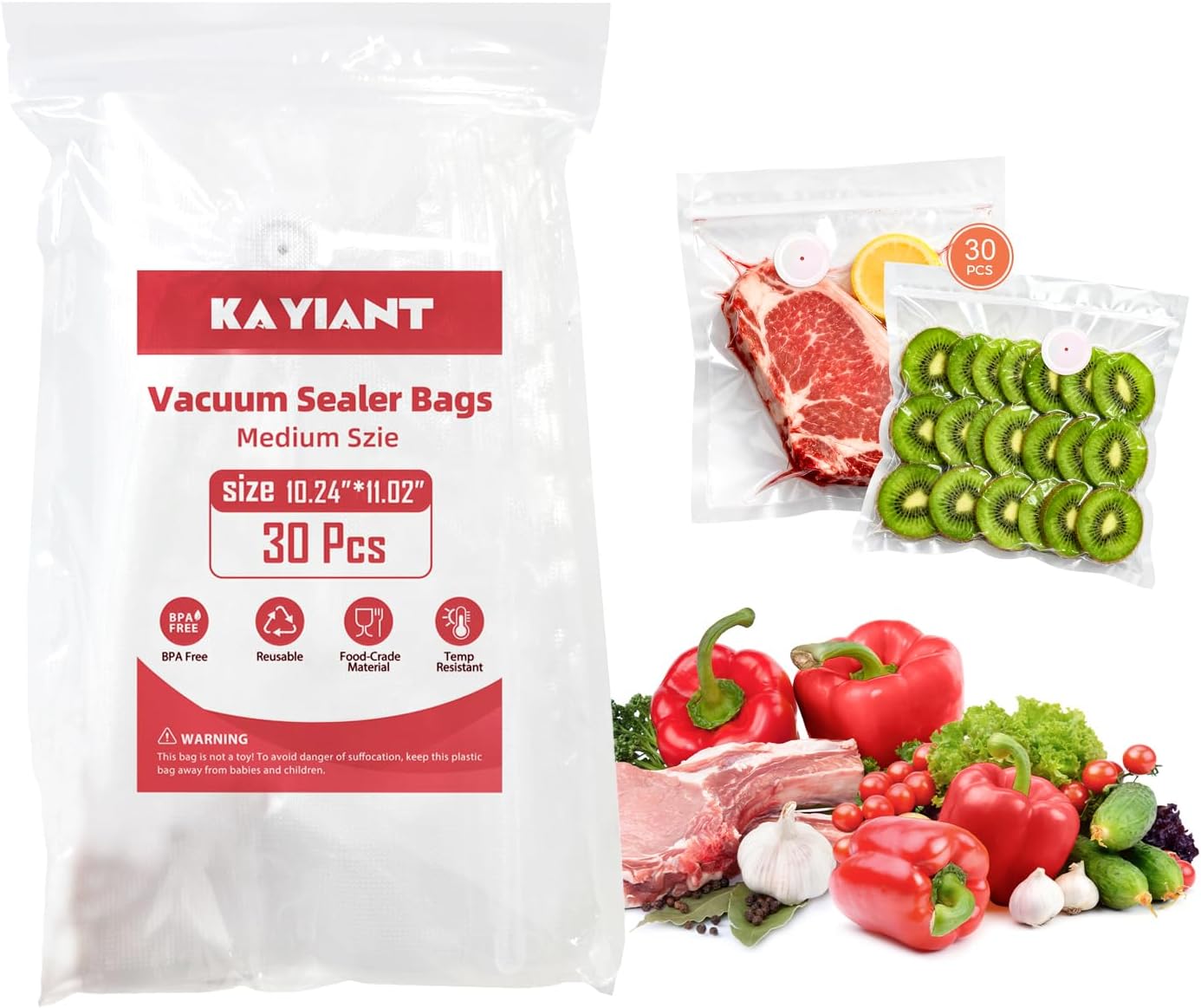 Vacuum Sealer Bags Large Size 10 x 11 Inch 30Pcs Bags, Food Storage, BPA Free, Food Saver, Meal Prep,Sous Vide, Heavy Duty, Airtight