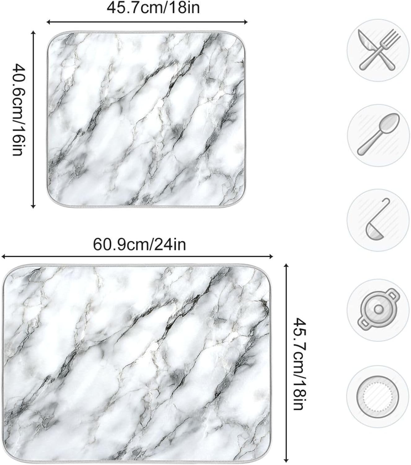 White Marble Pattern Dish Drying Mat for Kitchen Counter Super Absorbent Dishes Pad Reversible Microfiber Protector Dish Draining Mats 18x24 inch