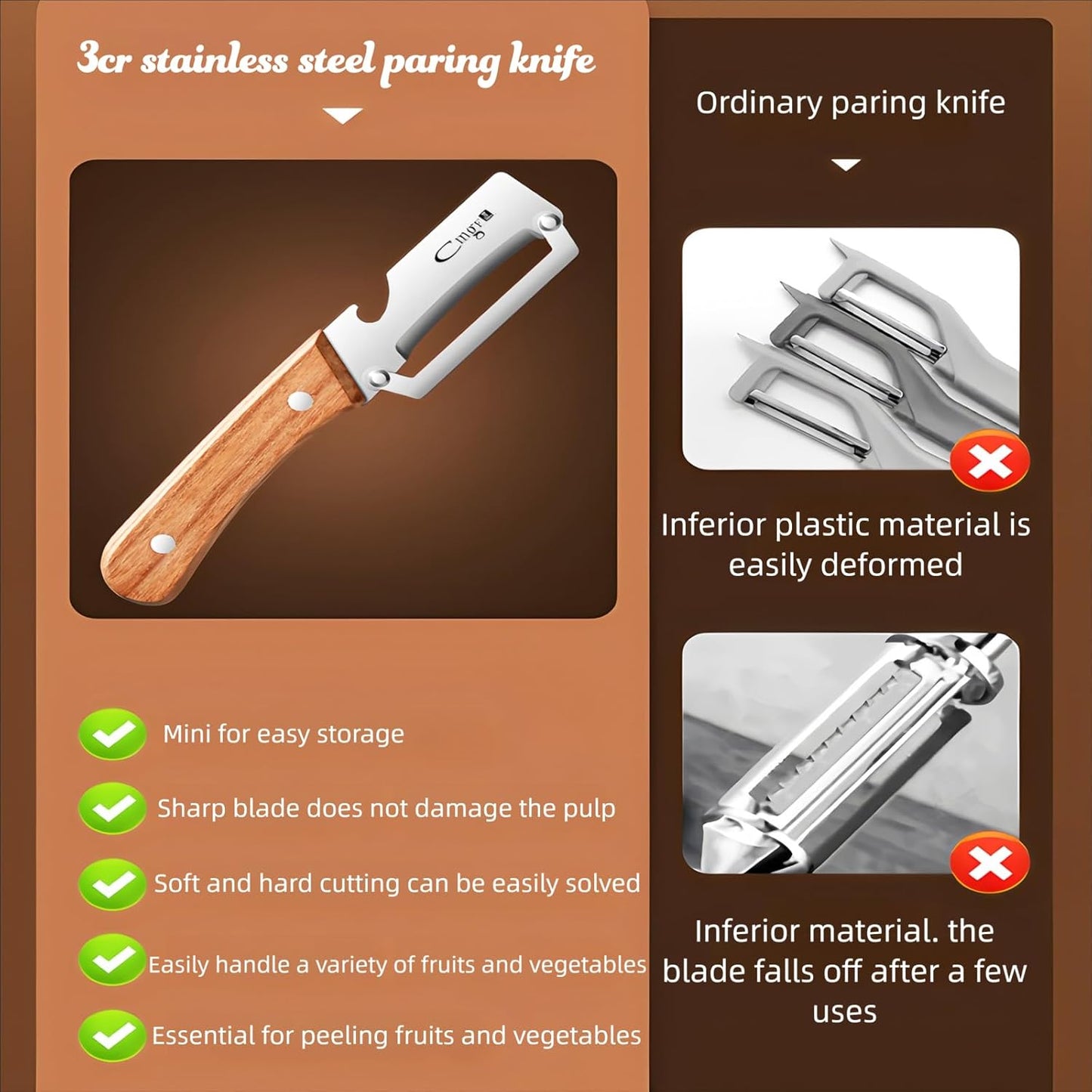 Premium Vegetable Peeler with Wooden Handle and Bottle Opener Stainless Steel Blade Kitchen Tool for Fruit Apple Potato Pumpkin Papaya Zucchini