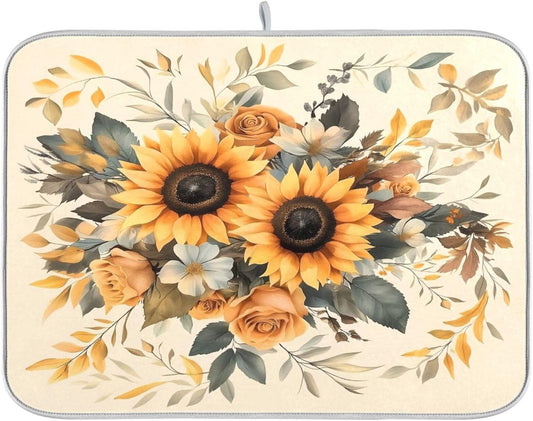 Sunflower Leaf Flower Dish Drying Mat for Kitchen Counter Absorbent Dish Drainer Mats Drying Pads 18"x24"