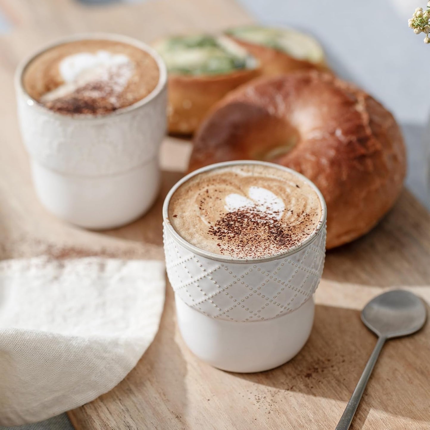 Espresso Cups Set of 2, 4oz Espresso Shot Cups, Mini Coffee Mugs Farmhouse Decor, Demitasse Cup Perfect for Coffee Maker, Microwave and Dishwasher Safe, (Embossed Stripes+Checks