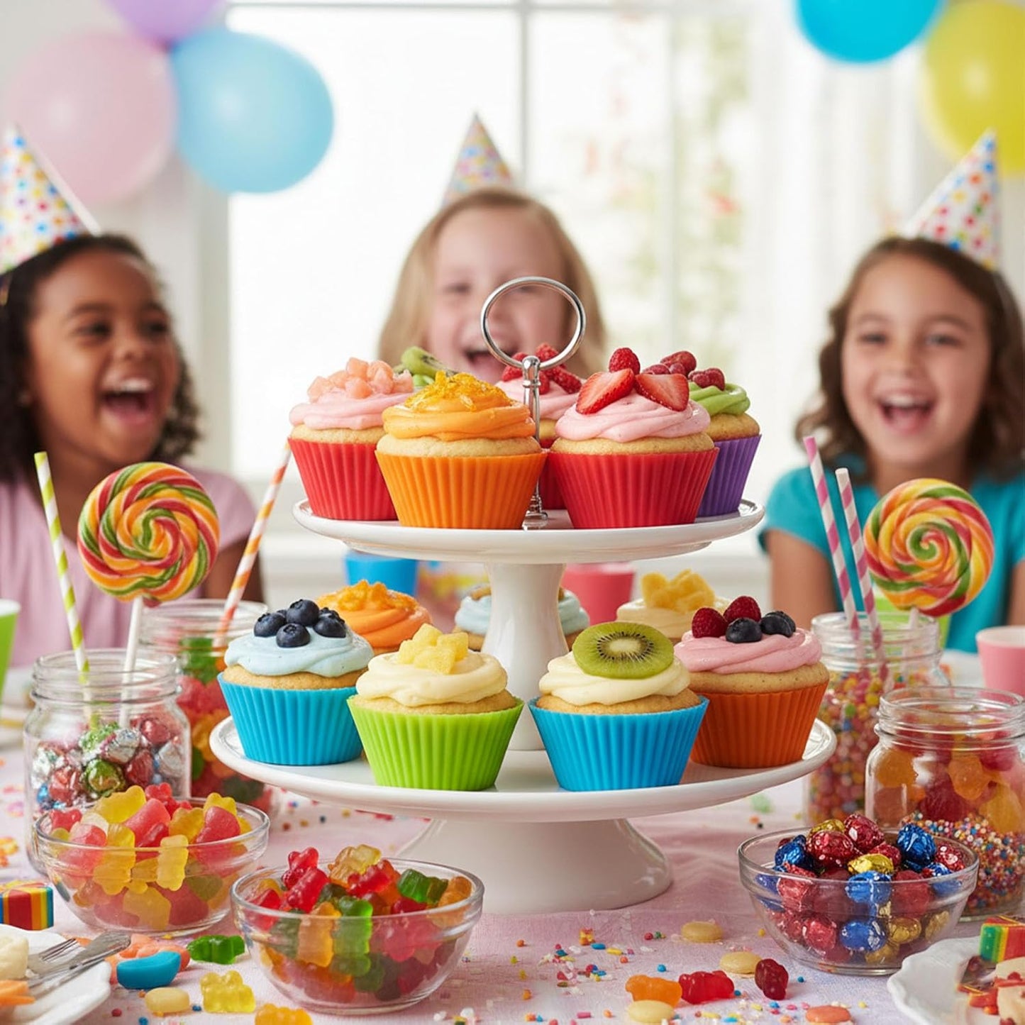 24 Pack Reusable Silicone Cupcake Baking Cups, 2.96 inch Multicolor Cups, Non-stick Muffin Liners for Weddings, Birthday, Party Halloween Christmas