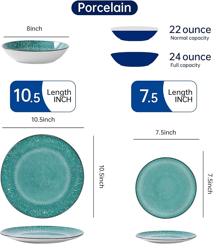 Bestone Plates and Bowls Sets,12 Pieces Round Porcelain Dinnerware Sets,Dishes, Plates, Dishware Sets,Chip Resistant Ceramic Dish Set Dining Dinner Ware Service for 4,New green