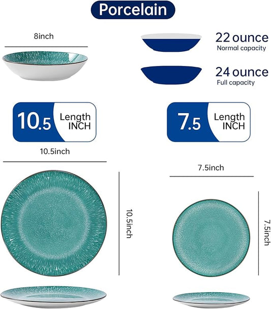 Bestone Plates and Bowls Sets,12 Pieces Round Porcelain Dinnerware Sets,Dishes, Plates, Dishware Sets,Chip Resistant Ceramic Dish Set Dining Dinner Ware Service for 4,New green