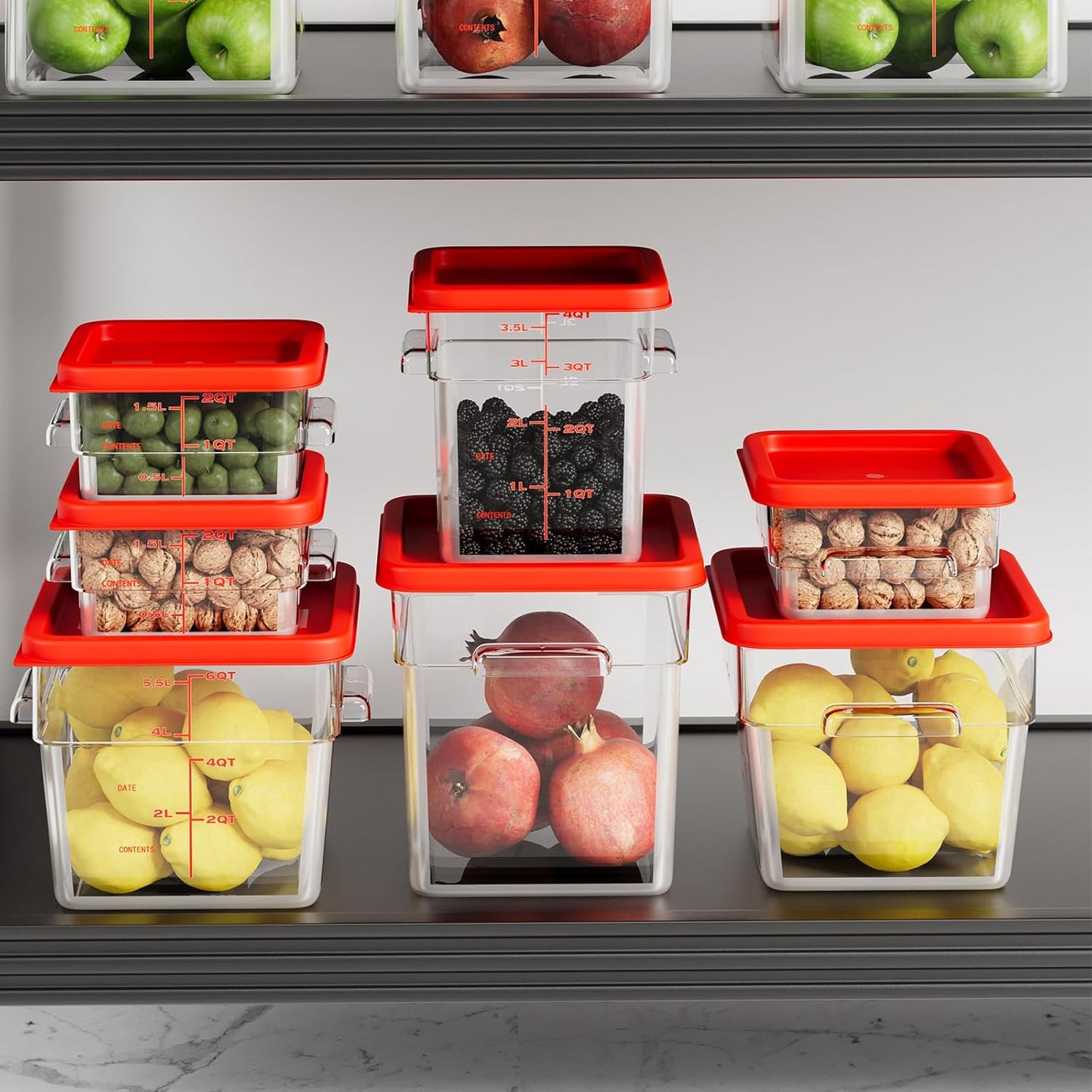 6 Quart Set of 4 Food Storage Containers,Food Containers with Lids and Handles,Square Commercial Food Containers for Kitchen, Restaurant，Refrigeration etc