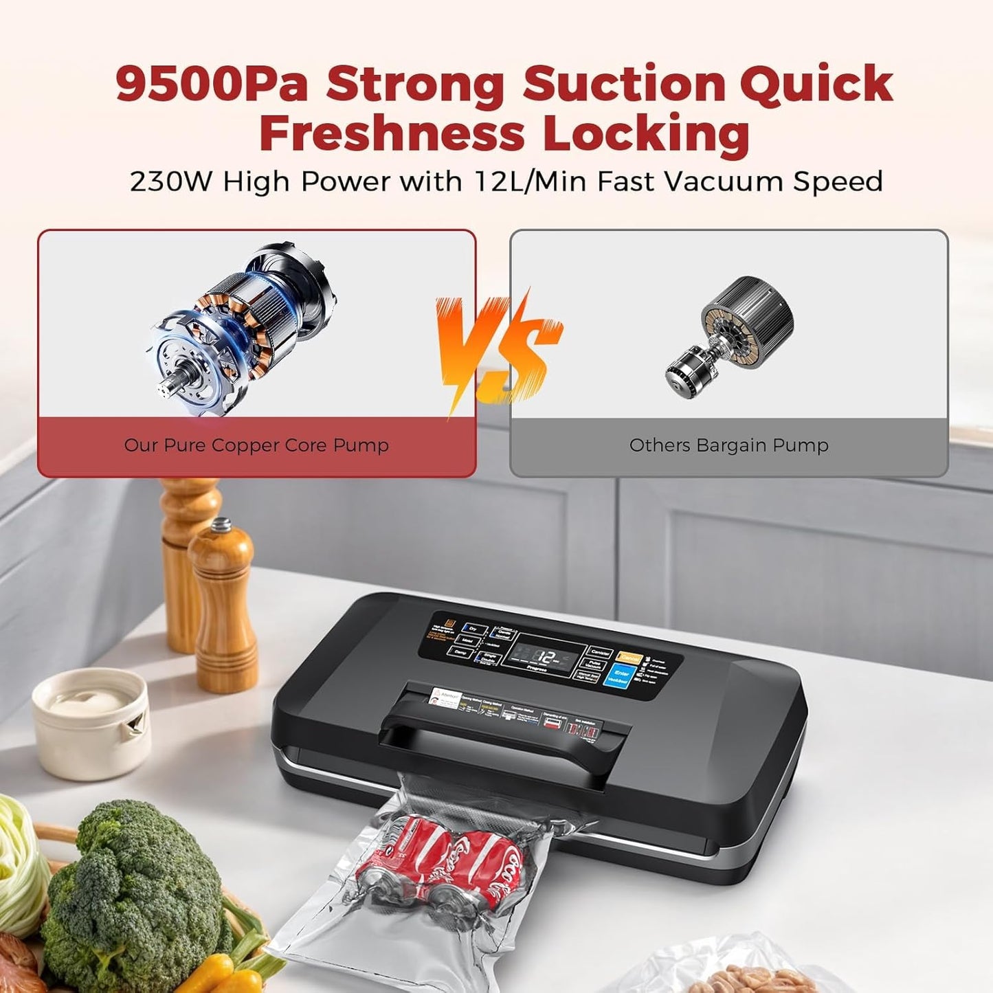 95kpa Vacuum Sealer Machine,Commercial Full Automatic Food Sealer,Powerful Sealing System with Double Heat Seal,Built-in Cutter&Bags Storage,1 Bag Rolls and 10 pcs Pre-cut Bags