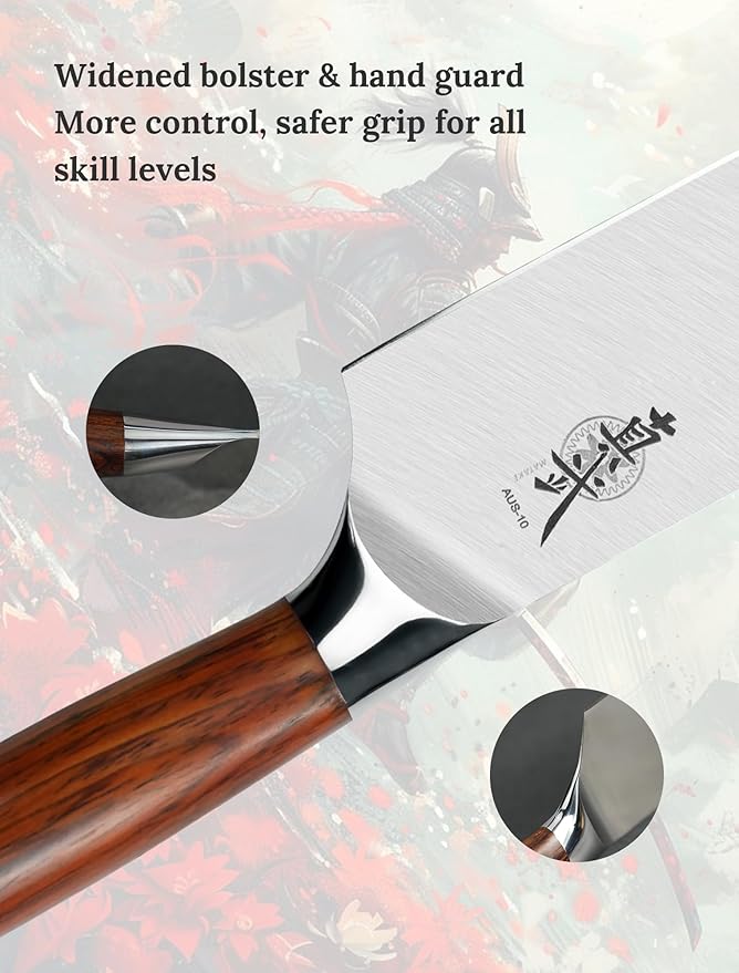 Nakiri Knife 7 Inch, Japanese AUS-10 High Carbon Stainless Steel Chef Knife, Rosewood Handle, Razor Sharp Vegetable Cleaver for Chopping, Gift Box Included