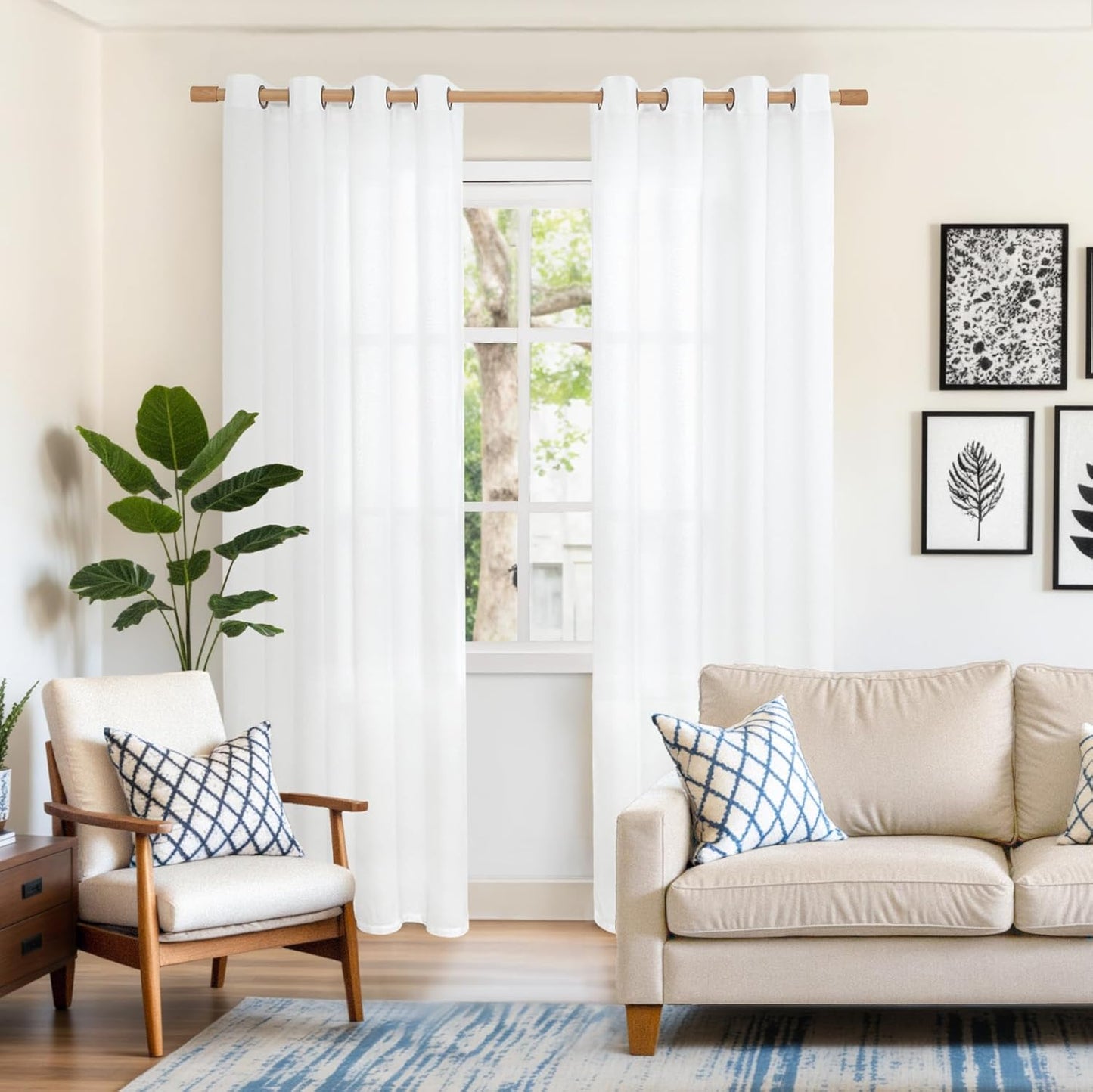 YoungsTex White Linen Curtains 84 Inch Length for Living Room, Thick Semi Sheer Drapes with Bronze Grommet Netural Light Filtering Window Treatments for Bedroom Dining, 52 X 84 Inch, 2 Panels