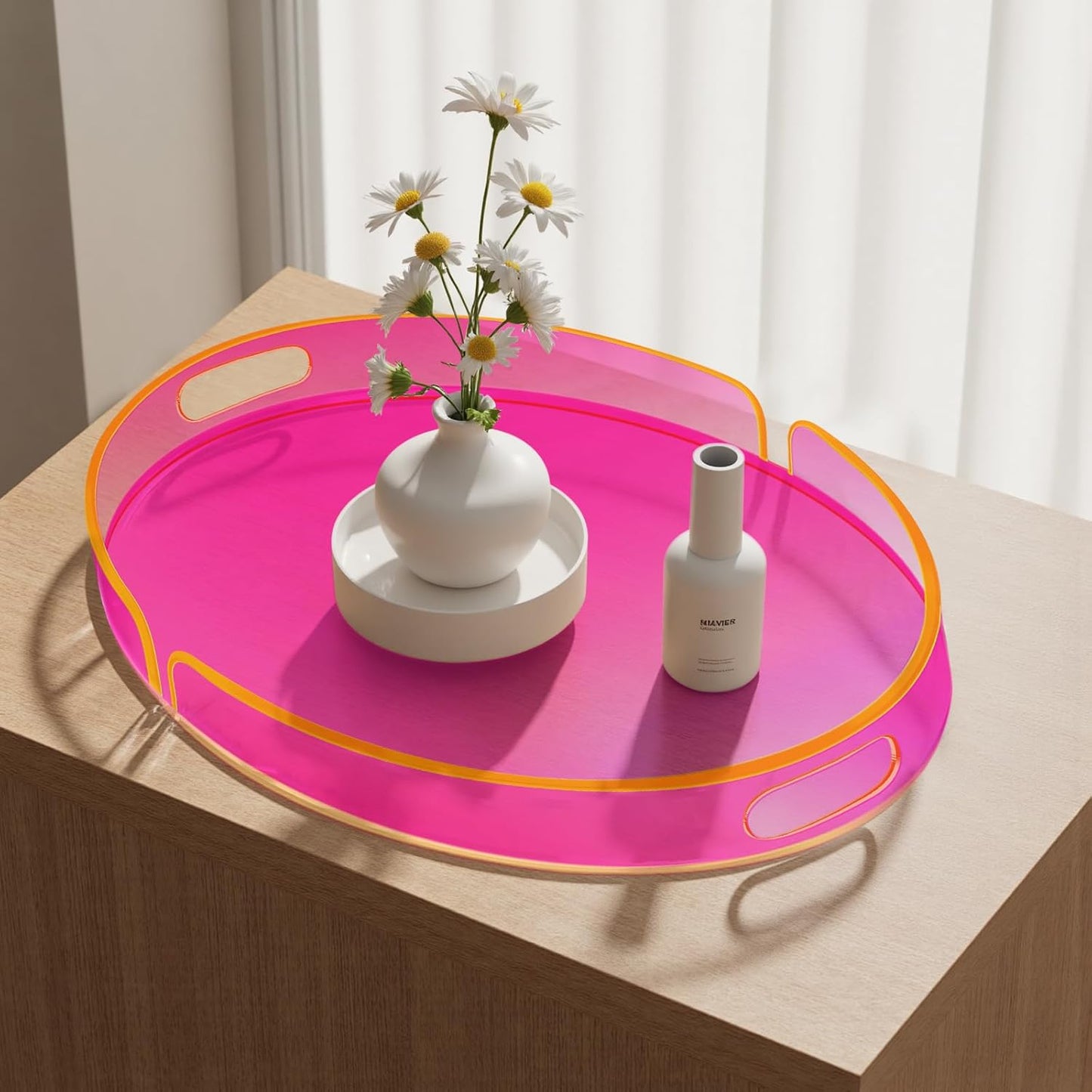 Acrylic Serving Tray with Handles Large Decorative Ottoman Tray 17x13'' Round for Bathroom Food Coffee Fruit Snack Tea Dinner Living Room, Neon Pink