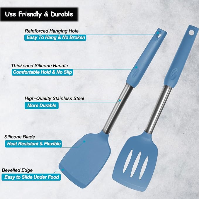 Silicone Spatula and Cooking Spoon,5 Pack Solid & Slotted Spoons and Spatulas High Heat resitant for Kitchen, Stainless Steel Handle Coated with Silicone, Non Stick Utensil, Starry blue