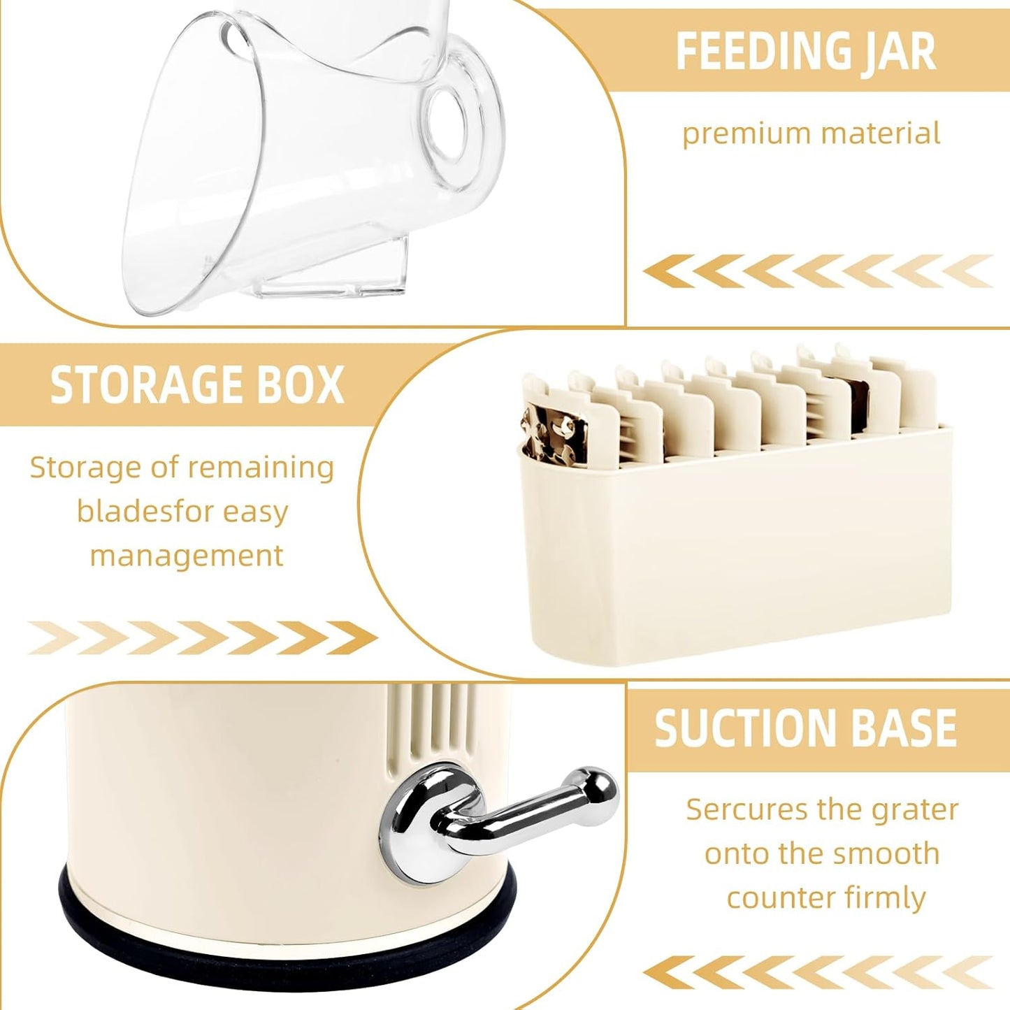 Rotary Cheese Grater with Handle, Vegetable Shredder with 5 Replaceable Blades & Strong Suction Base, Round Food Slicer & Chopper for Kitchen Fruit Vegetables Nuts with Blade Storage Box (White)