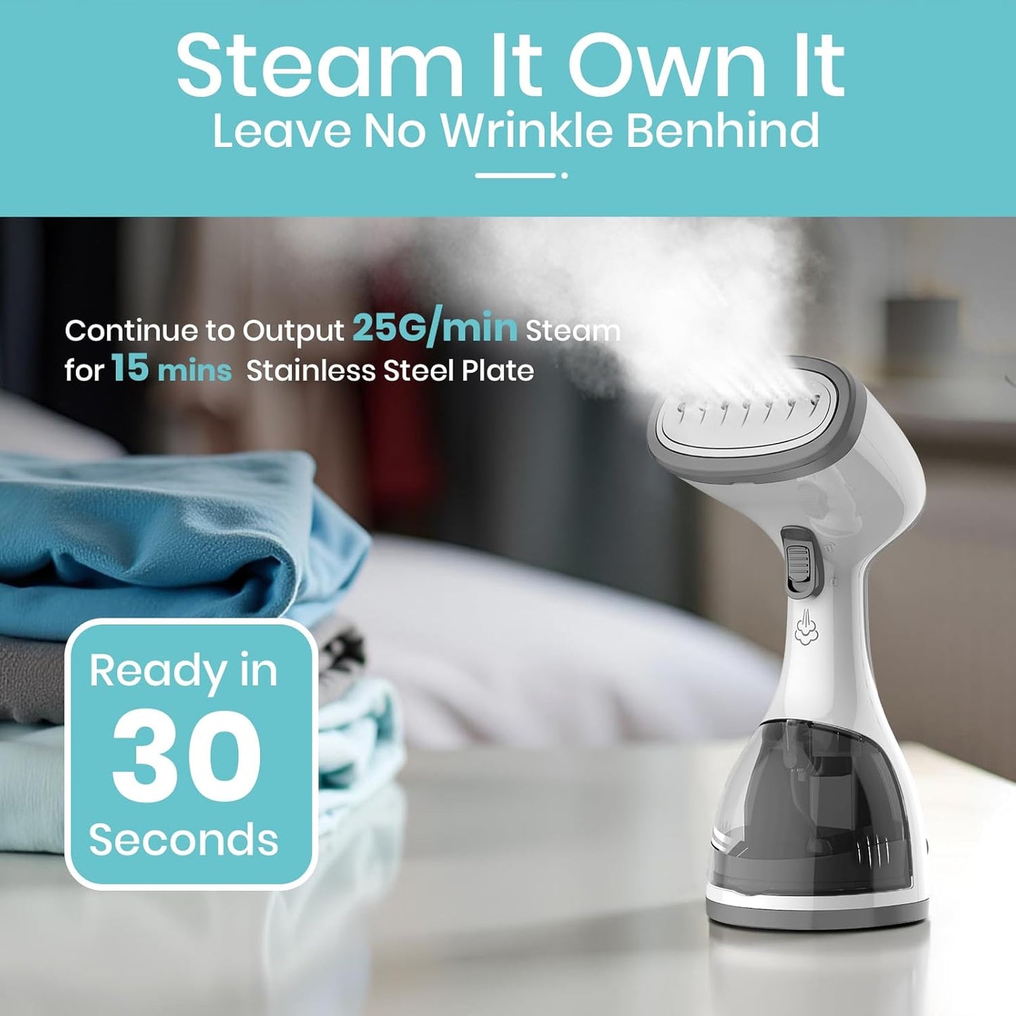 Steamer for Clothes 1500W，30S Fast Heat Plancha a Vapor Para Ropa, 260ML Water Tank Clothing Garment Fabric Iron Travel Steamer Handheld Portable for Wrinkles (Grey)