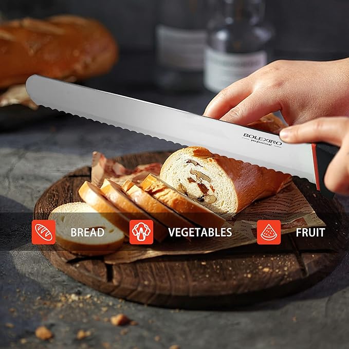10 Inch Wavy Edge Serrated Bread Knife With Non-Slip Softgrip, Sharp & Long Blade For Homemade Bread, Crusty Breads, Cake, Bagel, 2.5MM Thickened Japanese High Carbon Stainless Steel