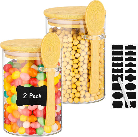 Glass Containers with Bamboo Lids and Spoon - 2 Pack 18 Fl.oz Glass Jar with Airtight Lids Set, Includes Labels and Marker, Pantry Storage Jars for Tea, Sugar, Coffee Bean, Cookie, Salad, Nuts