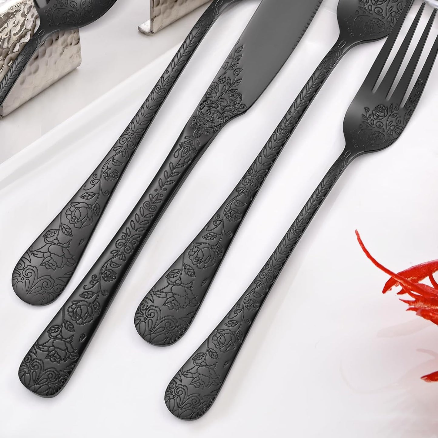 Floral Flatware Set Black for 6 Stainless Steel Silverware 30 Piece Cutlery Unique Eating Utensils Tableware Stylish Fork Spoon Knife With Embossing Rose Flower Handle Festival Parties