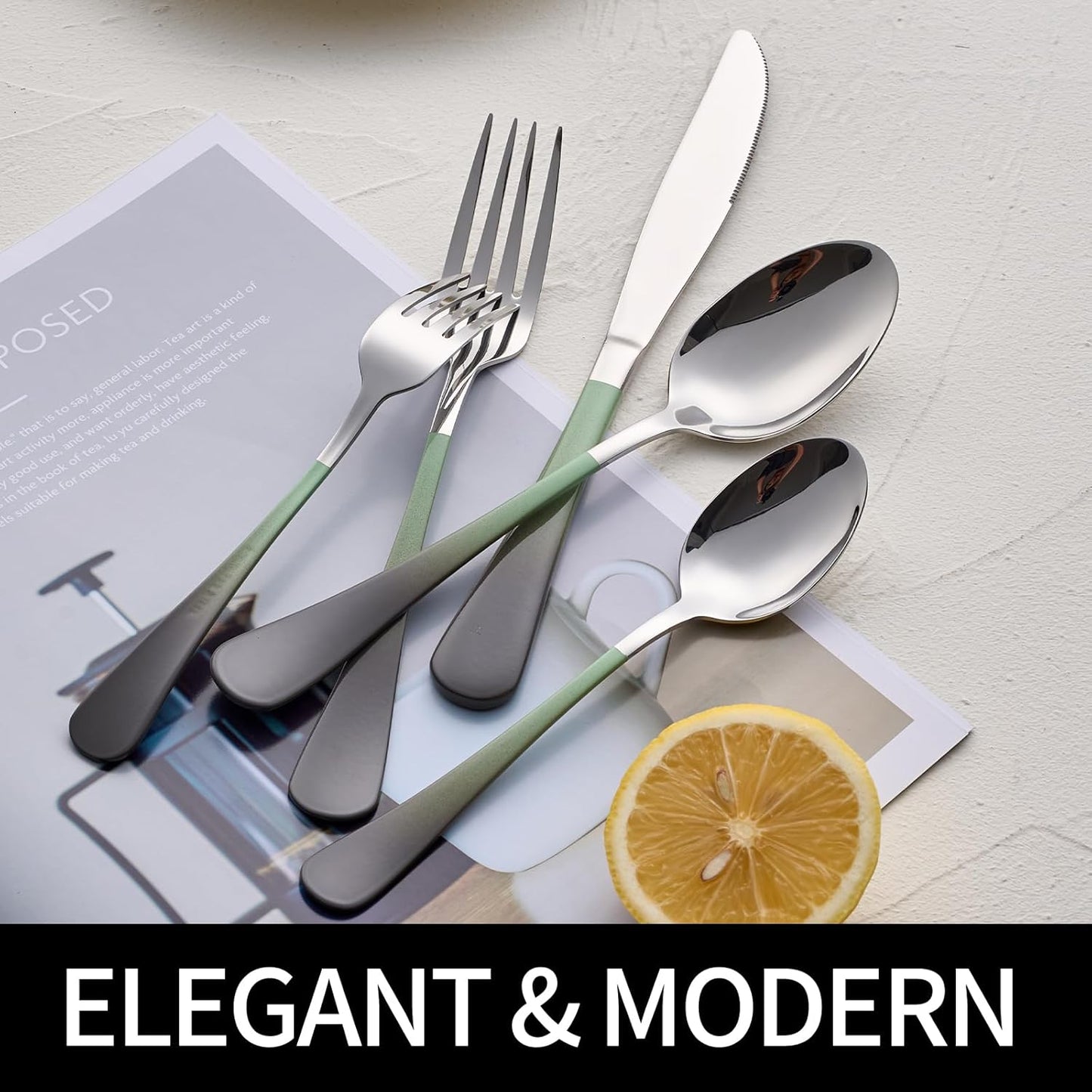 20-Pieces Color Silverware Sets for 4,Green and gray Handle Stainless Steel Cutlery Set, Include Forks Spoons and Knives Set, Dishwasher Safe Utensil Sets for Home Restaurant