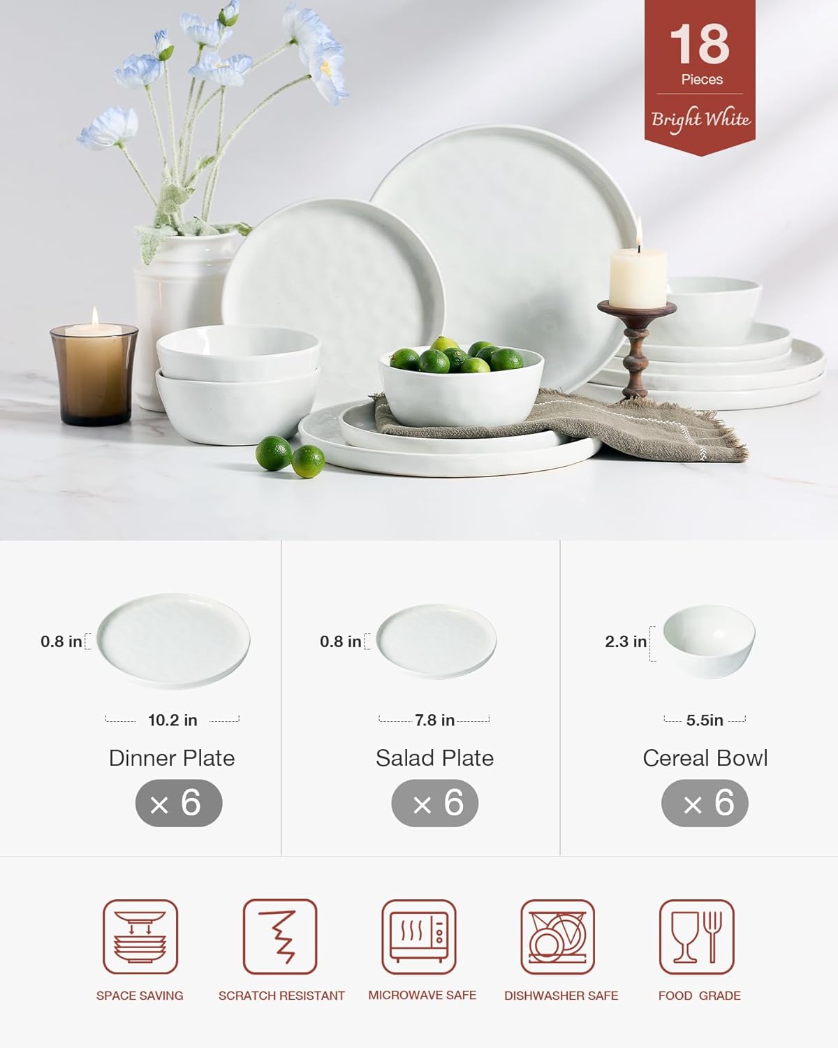 Famiware Mars Plates and Bowls Set, 18 Pieces Dinnerware Sets, Dishes Set for 6, White