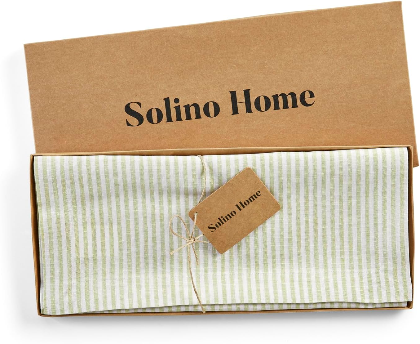 Solino Home Linen Table Runner 60 Inches - Narrow Stripe 100% Pure Linen Sage and White Farmhouse Table Runner 14 x 60 Inch Ideal for Dresser and Coffee Tables - Fall, Thanksgiving, Christmas