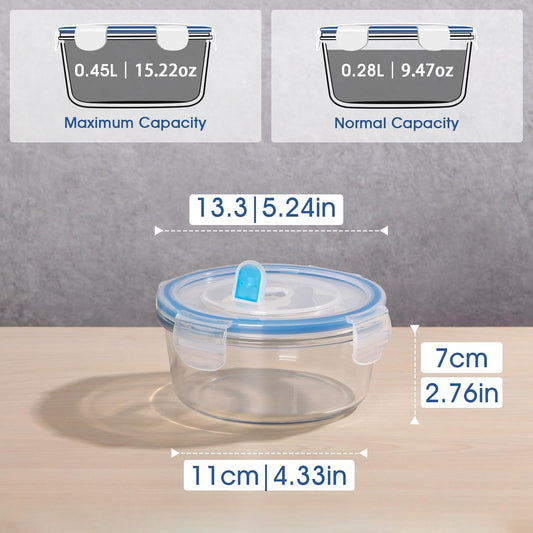 NUTRIUPS 0.45L Glass Food Storage Containers, Round Meal Prep Containers, Glass Bowls With Lid