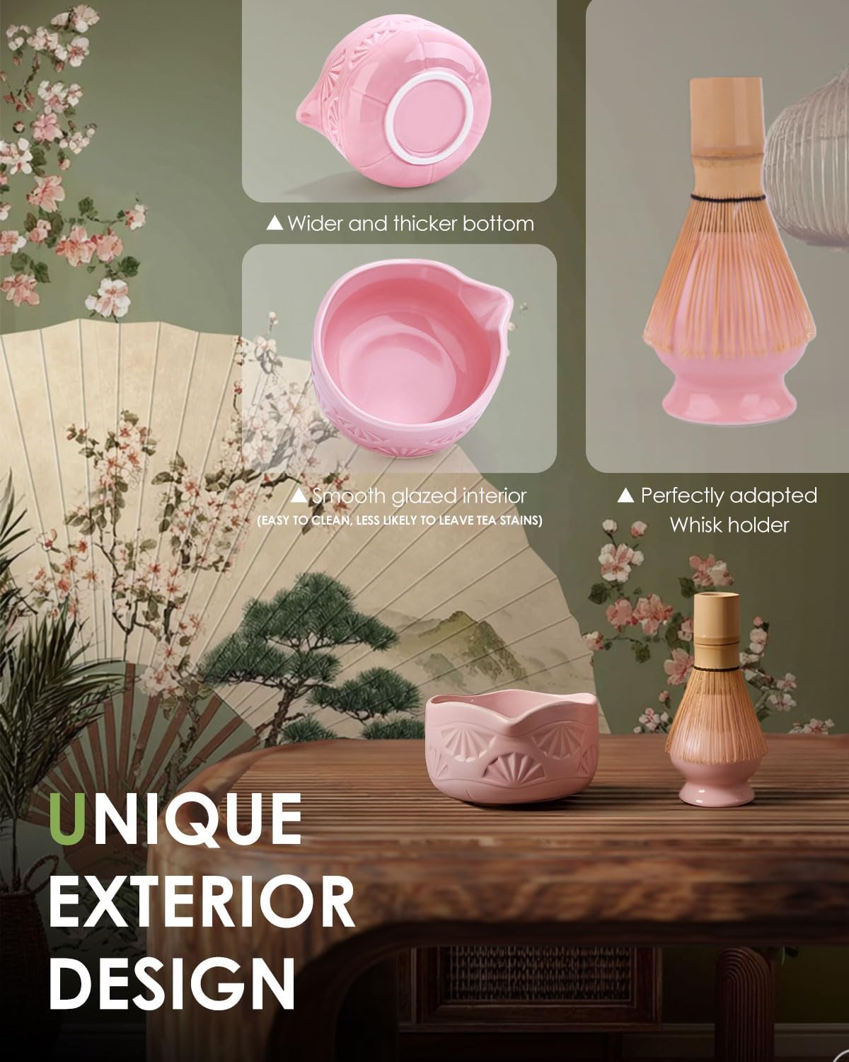 Matcha Whisk Set, Ceramic Matcha Set Includes Matcha Bowl with Spout, Matcha Whisk and Holder, Bamboo Scoop, Sifter and Tea Towel - 6 Pcs Matcha Kit Gift for Matcha Lovers (Pink)