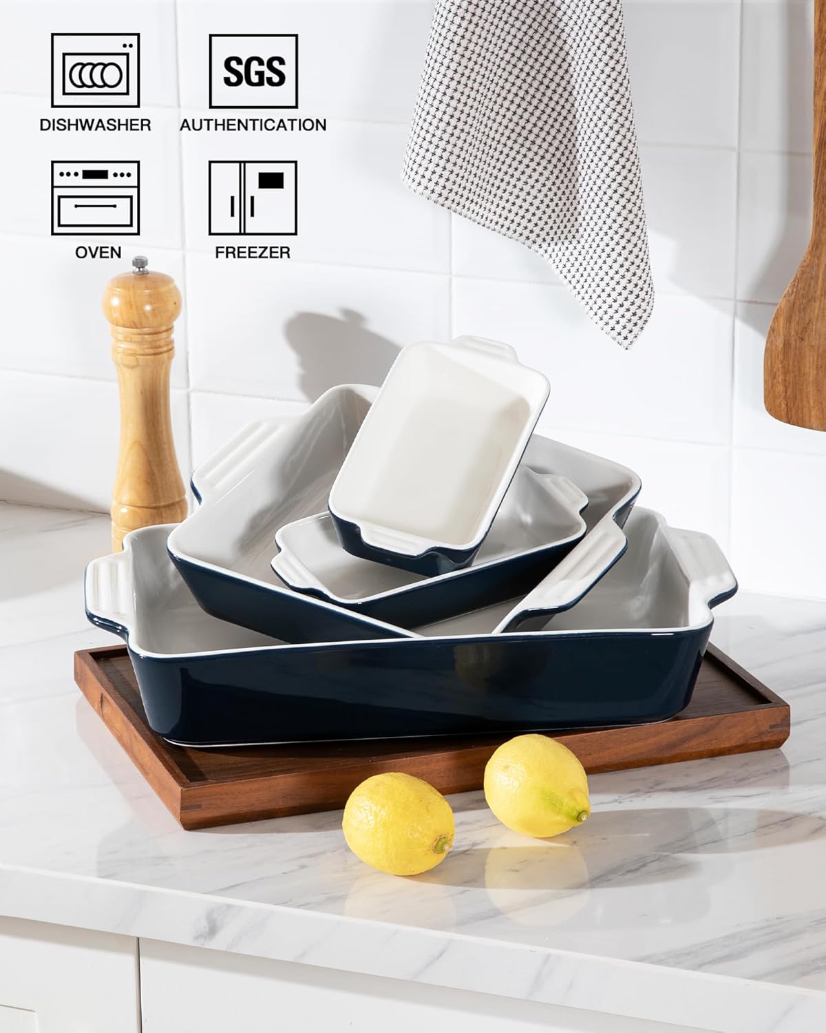 Sweejar Ceramic Bakeware Set of 4, Casserole Dishes for Oven, Rectangular Baking Dish with Handles, Lasagna Pans Deep for Cooking, Gratin, Roasting, Banquet and Daily Use (Navy)