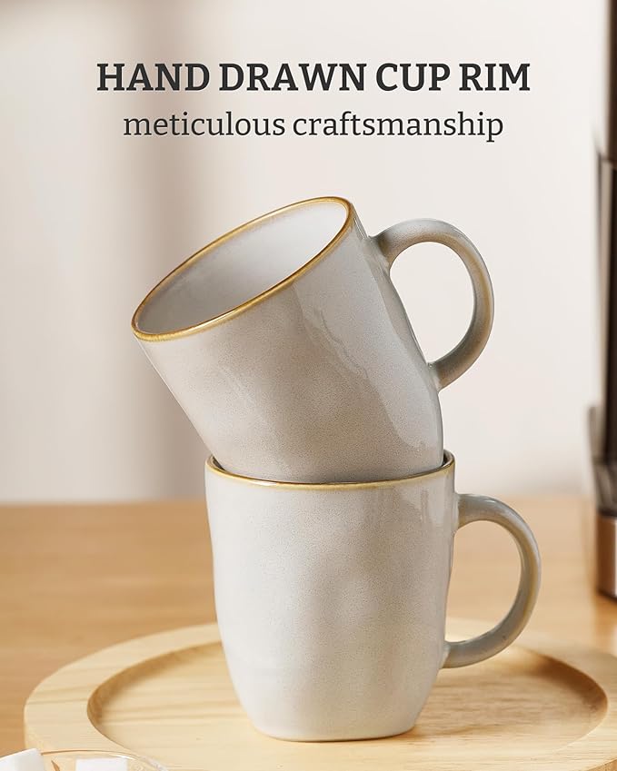 famiware Coffee Mugs Set of 4, Ocean Square 13oz Coffee Cup Set with Handle for Cocoa, Milk, Hot Chocolate, Stoneware Cups for Kitchen, Reactive Glaze, Microwave and Dishwasher Safe, Cappuccino White