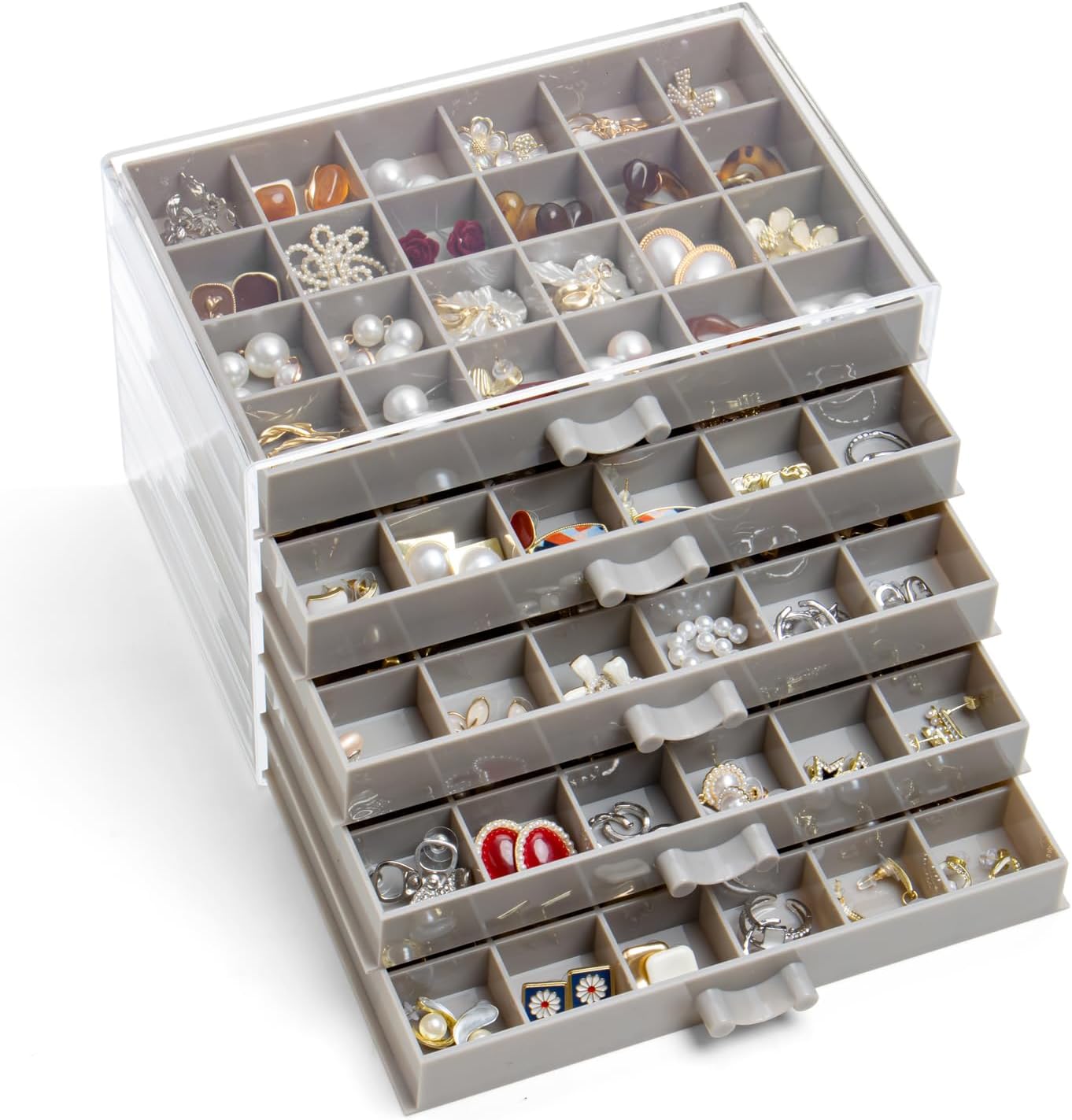 Earring Storage Box Organizer, Acrylic Jewelry Storage Box Holder 5 Drawers Transparent Jewelry Display Stand with 120 Small Compartments Gift Boxes for Women Girls (Gray)