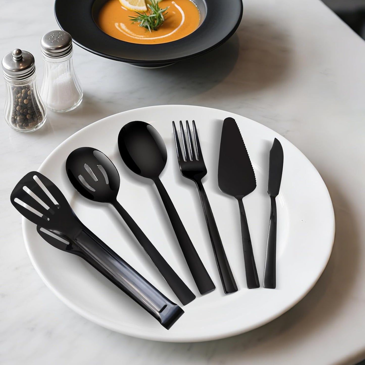 10 Piece Serving Utensils, Amafox Stainless Steel Utensils Set Include Large Spoons, Slotted Spoons, Forks,Appetizer Tongs 9'', Cake Server,Butter Knife, for Buffet Catering Banquet Party(Black)