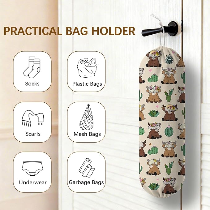 Plastic Bag Holder Highland Cow Bag Holder Dispenser, Plastic Grocery Bag Organizer & Wall Mount Paper Trash Bags Saver Storage for Kitchen Home Pantry Decor, Fun Farmhouse Decor