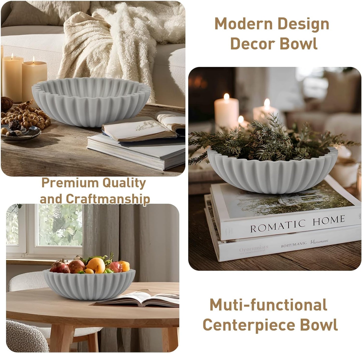 Large Decorative Bowl for Home Decor - Centerpiece for Coffee Table,Dining Table,Kitchen, Entryway Key bowl & Fruit Bowl Display - Modern Concrete Stone Design (Gray)