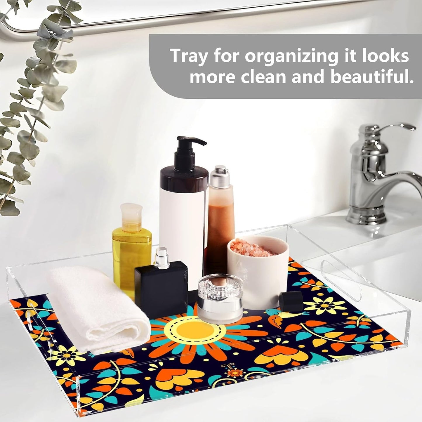 Acrylic Serving Tray with Handles Spill Proof Kitchen Storage Tray Clear Decorative Tray Makeup Drawer Organizer Storage Tray for Bathroom Living Room Ottoman 15.7x11.8Inches