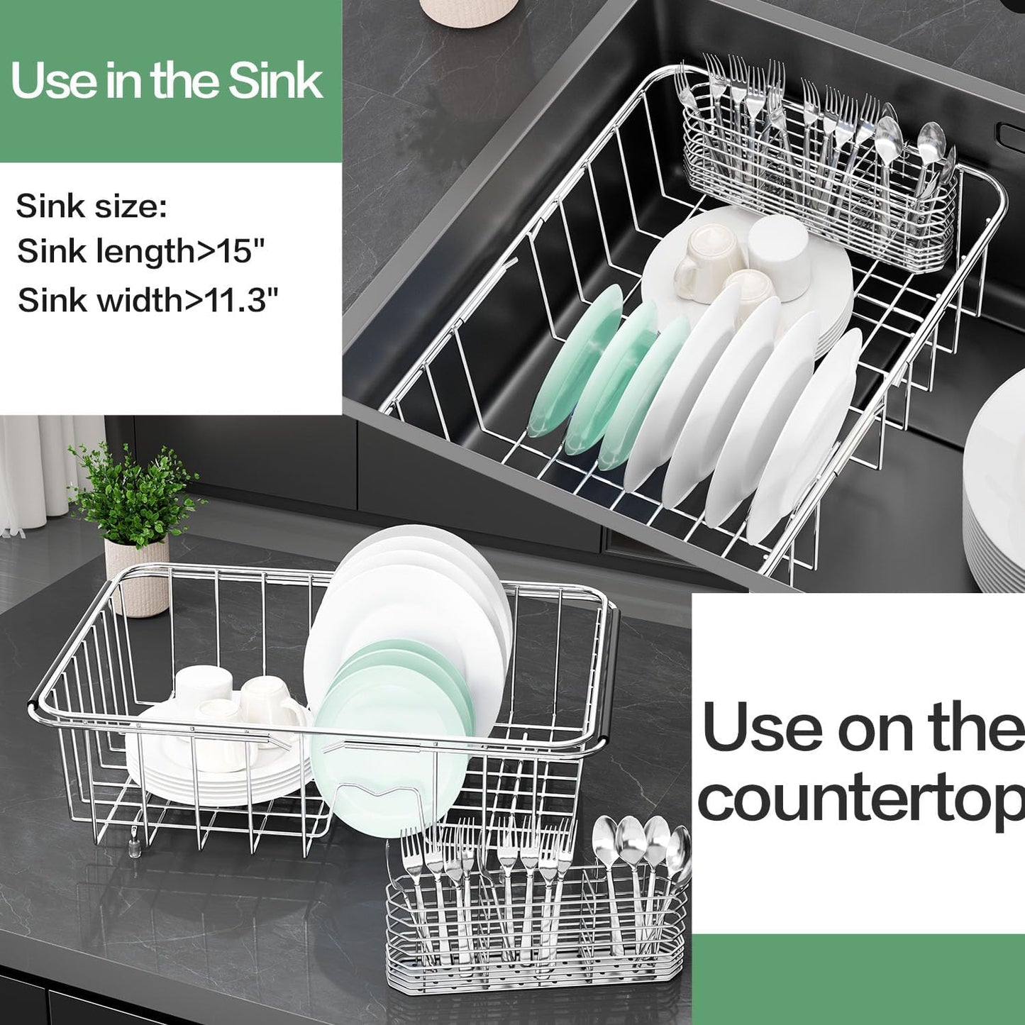 Large Dish Drainer Rack in Sink Adjustable, Expandable 304 Stainless Steel Metal Dish Drying Rack Organizer with Stainless Steel Utensil Holder Over Inside Sink Counter, Rustproof