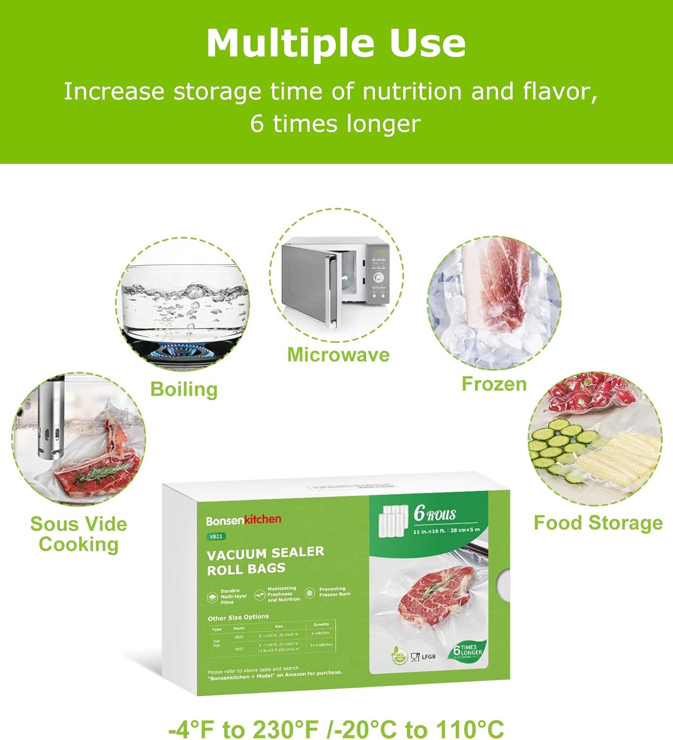 [2025 Upgraded] Bonsenkitchen 6 Rolls 11" x 16' Vacuum Sealer Bags for Food with a Color Box, Easy to Store, Commercial Grade, BPA Free, Great for Food Storage or Sous Vide, VB21