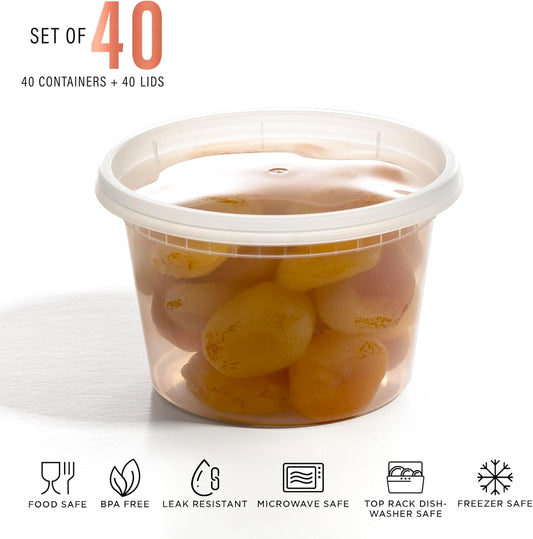 BINO | 16 Oz Deli Containers with Lids - 40 Pack | Food Storage Containers with lids | Freezer Safe, Microwaveable Plastic Containers with Lids for Meal Prep, Leftovers, Soups, Salads Takeout Catering
