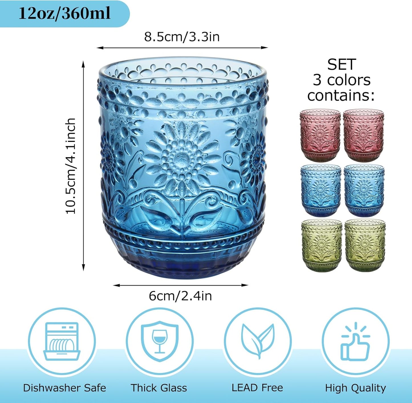 Glass Cups, Vintage Glassware Drinking Glass Set of 6, 12oz Colored Glassware with Sunflower Design, Embossed Floral Decorative Glasses Drinking Set for Cocktail, Wine, Vintage Drinking Glasses