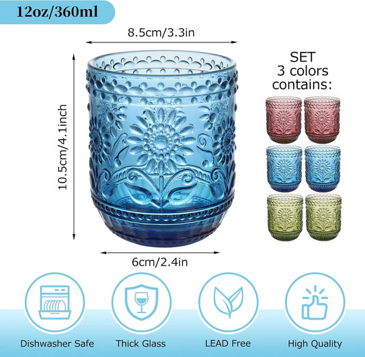 Glass Cups, Vintage Glassware Drinking Glass Set of 6, 12oz Colored Glassware with Sunflower Design, Embossed Floral Decorative Glasses Drinking Set for Cocktail, Wine, Vintage Drinking Glasses