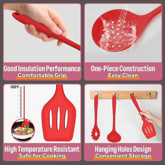 Silicone Kitchen Utensils Set, E-far 23 Pcs Red Cooking Utensils Tools with Holder for Nonstick Cookware, Include Spatula/Spoon/Ladle/Tongs/Turner, Heat Resistant & Nontoxic, Dishwasher Safe